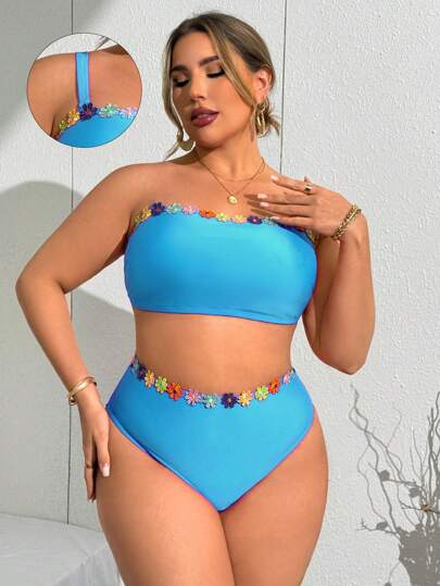 Slaydiva حزام رفيع ضخم متعدد الألوان لأعلى ملابس السباحة مُزين بالرقعات والأزهار الملونة مع أشرطة قابلة للإزالة ، وبنطلون سباحة أسفلي طويل الخصر مُزين بالأزهار الملونة