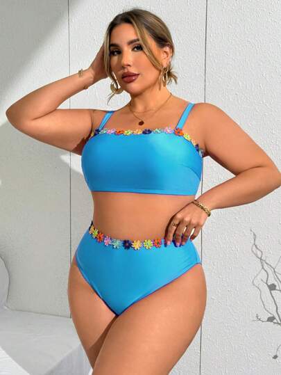 Slaydiva حزام رفيع ضخم متعدد الألوان لأعلى ملابس السباحة مُزين بالرقعات والأزهار الملونة مع أشرطة قابلة للإزالة ، وبنطلون سباحة أسفلي طويل الخصر مُزين بالأزهار الملونة