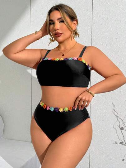 Slaydiva حجم كبير لقمة تانكيني المطبوعة بزهور متعددة الألوان مع حمالة قابلة للإزالة + جزء سفلي من البيكيني مرتفع الخصر مزين بالزهور