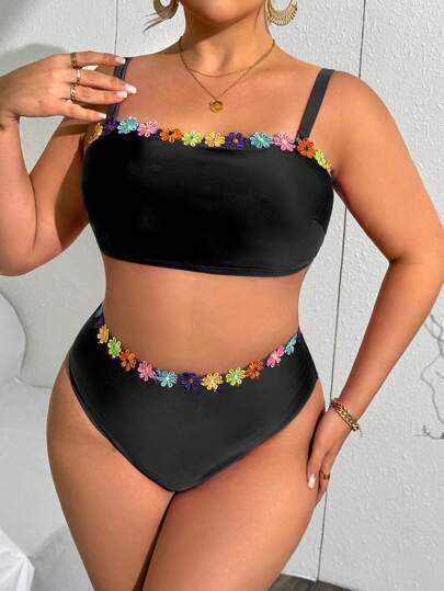 Slaydiva حجم كبير لقمة تانكيني المطبوعة بزهور متعددة الألوان مع حمالة قابلة للإزالة + جزء سفلي من البيكيني مرتفع الخصر مزين بالزهور