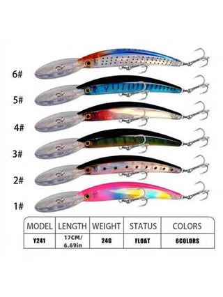 6 قطع 17 سم/24 جرام طعم سمكة بلاستيكية ناعمة بلسان طويل، مناسبة لصيد السمك الكبير مثل السلمون و الكارب و أنواع أخرى، طعم سمكة غارقة مزودة بطقاقة وخطاف نائي، مناسبة لصيد الأعماق