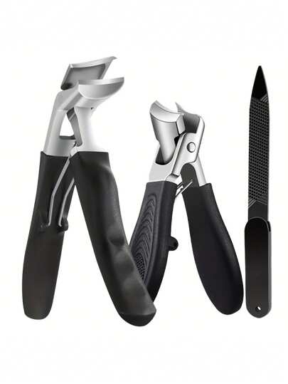 3 قطع أداة تشذيب سوداء للأشخاص المسنين ذوي الأظافر السميكة. مقصات أظافر مائلة مع حجيرة لتخزين الفضلات. شفرة عريضة من الفولاذ المقاوم للصدأ، مناسبة للرجال والنساء على حد سواء، ما يجعل عملية تقليم الأظافر الكبيرة سهلة.