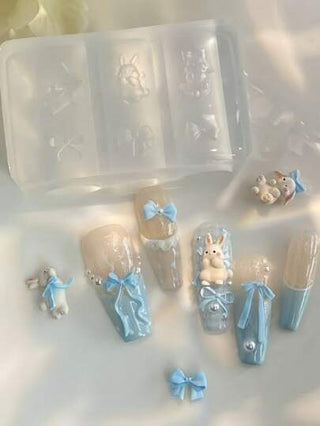 قالب شفاف جميل لفن الأظافر مع ديكورات أرنب كرتوني وكرز وفيونكة وشريط 3D للأظافر، أداة نحت يدوية