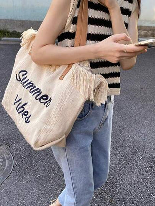 حقيبة كانفاس كبيرة الحجم بسيطة بطبعة حرفية وشرابة، حقيبة تسوق أو كتف للطلبة والموظفين