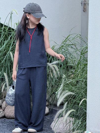 تيشيرتات بناتي DAZY ملابس علوية بدون أكمام طاقم الرقبة باللون الصلب وبنطال طويل مجموعة من قطعتين للفتيات المراهقات