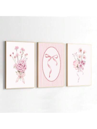 مجموعة من 3 ملصق جدار مطبوع على قماش بتصميم أزهار وفراشات وفيونكات وردية جميلة بدون إطار، ديكور مبسط لغرفة طفلة، لغرف الاطفال، لغرف اللعب، للغرف النوم، ديكور منزلي عصري