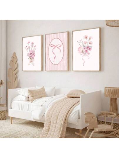 مجموعة من 3 ملصق جدار مطبوع على قماش بتصميم أزهار وفراشات وفيونكات وردية جميلة بدون إطار، ديكور مبسط لغرفة طفلة، لغرف الاطفال، لغرف اللعب، للغرف النوم، ديكور منزلي عصري