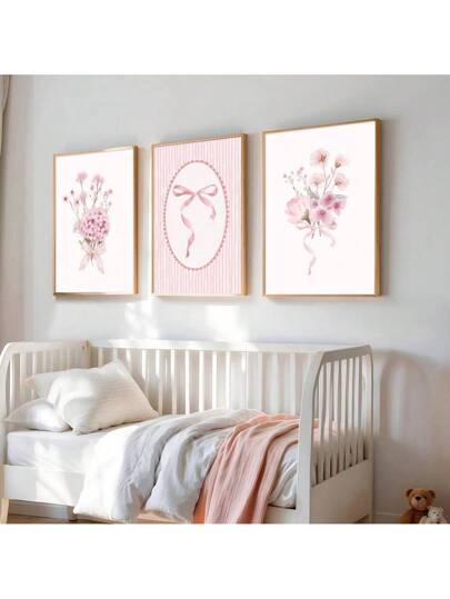 مجموعة من 3 ملصق جدار مطبوع على قماش بتصميم أزهار وفراشات وفيونكات وردية جميلة بدون إطار، ديكور مبسط لغرفة طفلة، لغرف الاطفال، لغرف اللعب، للغرف النوم، ديكور منزلي عصري