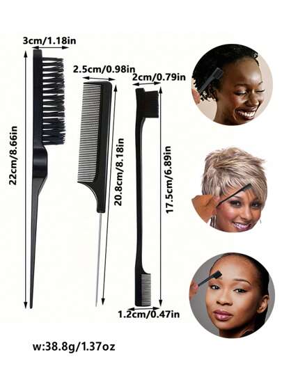 3 مجموعة فرش تصفيف الشعر السوداء، فرشاة تنعيم يومية، فرشاة تنظيف الشعر، فرشاة حواف الشعر، وسلّة أسنان كثيفة