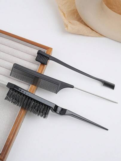 3 مجموعة فرش تصفيف الشعر السوداء، فرشاة تنعيم يومية، فرشاة تنظيف الشعر، فرشاة حواف الشعر، وسلّة أسنان كثيفة