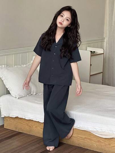 بيجاما DAZY طقم بيجاما بأكمام قصيرة وبنطلون ذات لون واحد للفتيات المراهقات