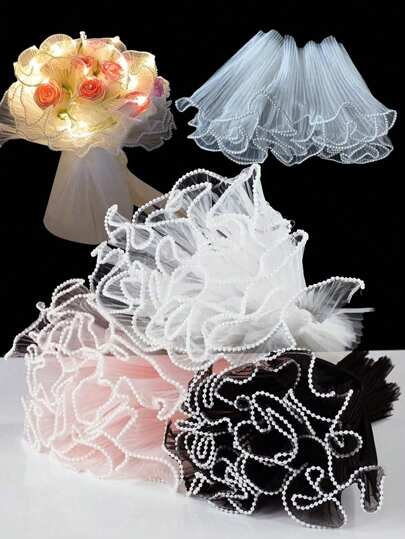 1 قطعة, 4 ياردات ورق غلاف باللؤلؤ المزيف للأزهار، ورق تغليف الباقات مطوي ذو نسيج متموج لصنع الحرف اليدوية، تزيين عيد الحب و أعياد الميلاد والزفاف ولوازم المفروشات، قماش مطرز بالجاكار باللؤلؤ الزهري المزيف، نسيج ثلاثي الأبعاد لحقائب اليد، لصنع الحرف اليدوي