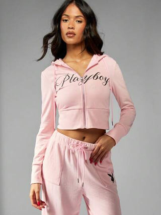 MISSGUIDED Missguided x Playboy هودي مزين بتصميم النص واسع للسحب ، ملائم للياقة البدنية والرياضة ، ملبس كاجوال عصري للرياضة واليوجا والركض