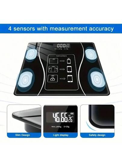 مقياس دهون الجسم الذكي، مقياس وزن رقمي، مع شاشة LED إضاءة خلفية وزجاج مقوى قوي، بحجم مدمج، دقة عالية، سهل الاستخدام، معايرة تلقائية، 12 قياس أساسي