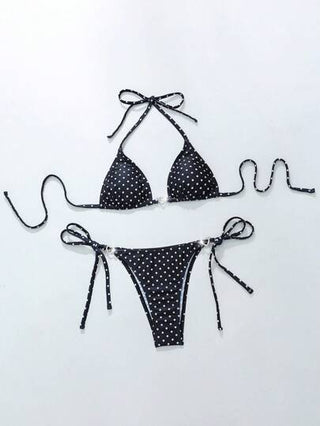Swim Mod مجموعة بيكيني حريمي تعتبر للصيف والشاطئ، نمط بقع منقطة بيضاء وسوداء مزينة بالراين, قلب علاقة أمامية, إحتفالات الشاطئ والحفلات والعطلات ربيع/صيف