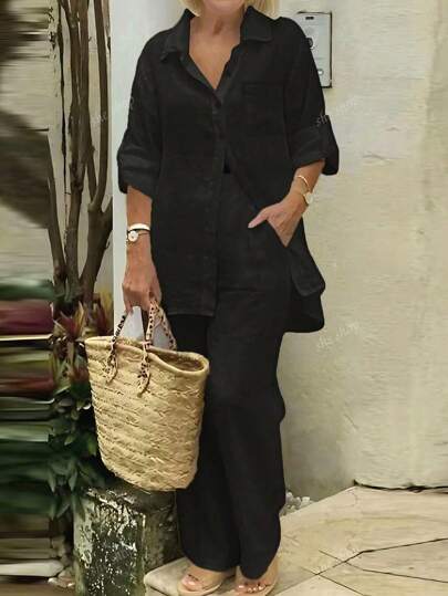 مجموعة مكونة من 2 قطعة: ملابس علوية كارديجان بياقة بولو + بنطلون فضفاض بخصر مطاطي، تصميم عصري وأنيق وشامل مناسب للشاطئ والاستخدام اليومي والذهاب للعمل والتسوق، قماش ناعم ومريح، مناسب للربيع والصيف والخريف