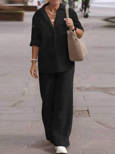 مجموعة مكونة من 2 قطعة: ملابس علوية كارديجان بياقة بولو + بنطلون فضفاض بخصر مطاطي، تصميم عصري وأنيق وشامل مناسب للشاطئ والاستخدام اليومي والذهاب للعمل والتسوق، قماش ناعم ومريح، مناسب للربيع والصيف والخريف