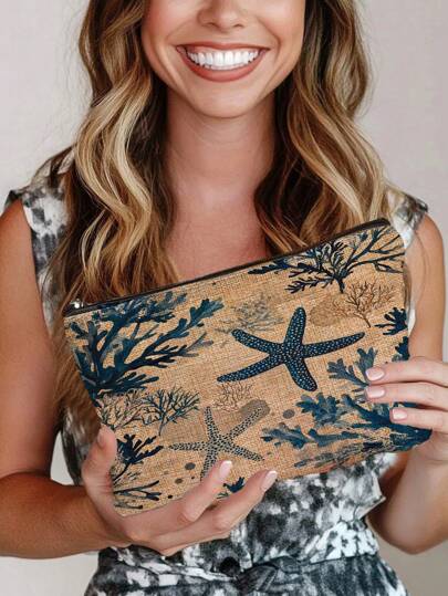 قطعة واحدة حقيبة مستلزمات التجميل مطبوعة بنجمة البحر والمرجان ، مصنوعة من البوليستر الحديث خفيفة الوزن محمولة لاستخدامات السفر