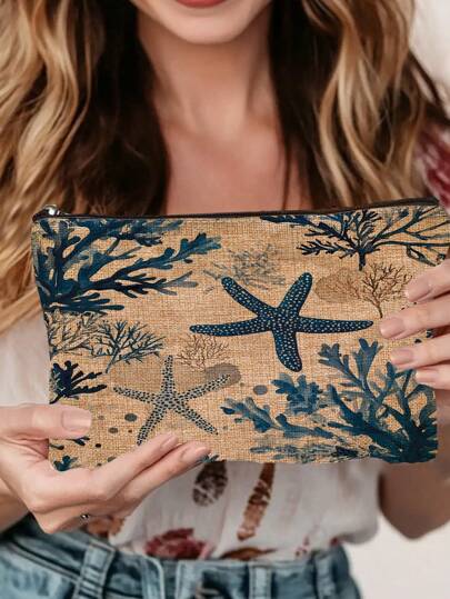 قطعة واحدة حقيبة مستلزمات التجميل مطبوعة بنجمة البحر والمرجان ، مصنوعة من البوليستر الحديث خفيفة الوزن محمولة لاستخدامات السفر