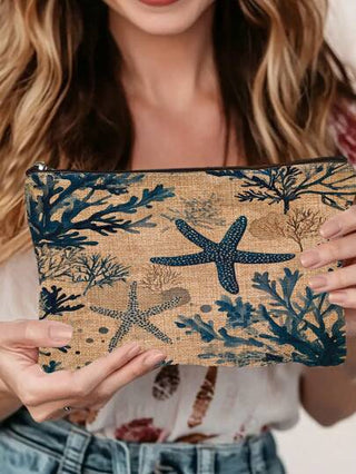 قطعة واحدة حقيبة مستلزمات التجميل مطبوعة بنجمة البحر والمرجان ، مصنوعة من البوليستر الحديث خفيفة الوزن محمولة لاستخدامات السفر