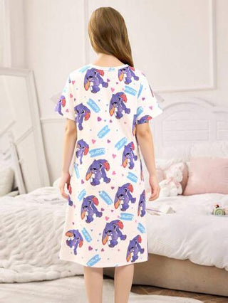 بيجاما فستان بأكمام طويلة للفتيات مطبوع عليه أرنب أزرق كرتوني لطيف، صنع من قماش الحرير الناعم المحبوك، ملائم لارتدائه كثوب نوم ولباس منزلي مريح