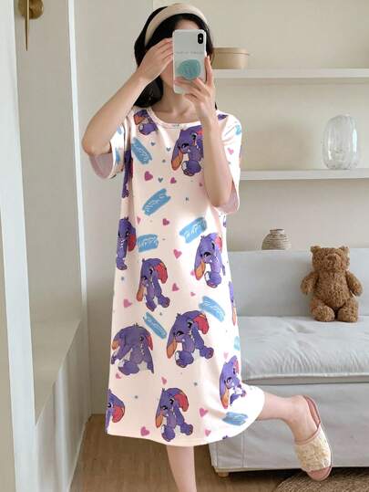 بيجاما فستان بأكمام طويلة للفتيات مطبوع عليه أرنب أزرق كرتوني لطيف، صنع من قماش الحرير الناعم المحبوك، ملائم لارتدائه كثوب نوم ولباس منزلي مريح