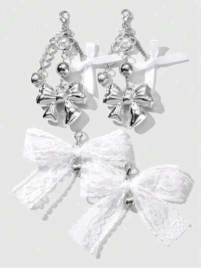 ROMWE Kawaii 4 قطع إبزيم شكل قلب فضي أجوف متصل بقوس من الدانتيل الأبيض لتزيين الأحذية، إكسسوارات أنيقة وشاملة مناسبة للنساء، فكرة هدية رائعة