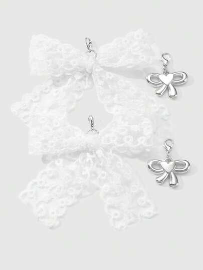 ROMWE Kawaii 4 قطعة / مجموعة من مزينات الأحذية شبكية بيضاء مطرزة فاخرة فاخرة وعملية مع فيونكة شبكية من مادة CCB فضية, مجموعة زخرفية مناسبة للنساء ، الارتداء اليومي ، كهدية