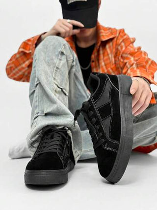 أحذية كانفاس منفذة للهواء مع أسطح سميكة، باللون الأسود البسيط، أحذية رياضية كاجوال للرجال، أحذية رياضية شبكية مانعة للانزلاق للطلاب، تصلح لجميع المواسم