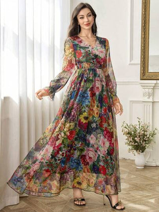Modelyn العيد فستان نسائي أنيق وواسع مع طباعة زهرية
