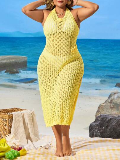 Swim Vcay فستان سباحة نسائي عصري بحمالة على الرقبة بزخارف زهرية مصنوع من خيوط مشبكة يحتوي على فتحات يسرى ويمنى، لون أصفر مناسب للمقاسات الكبيرة، مثالي للأجازات