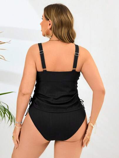 Swim Lushoire بيكيني ذو ملابس علوية وسروال قصير مزرر قابل للتعديل بمقاسات كبيرة, لون عادي, ملابس علوية وسراويل سباحة للبالغين بأسلوب عادي, 2 قطعة