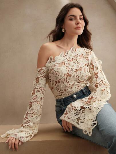 Anewsta ملابس علوية بتصميم زهرة الفراشة باللون الأزرق الكتف المائل بفتحة