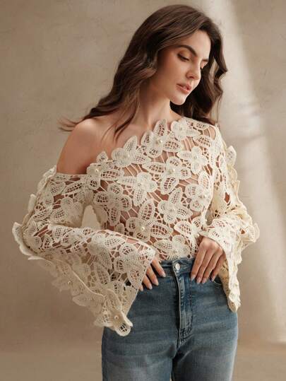 Anewsta ملابس علوية بتصميم زهرة الفراشة باللون الأزرق الكتف المائل بفتحة