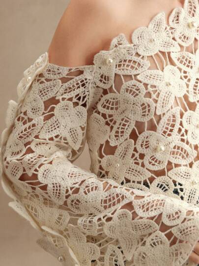 Anewsta ملابس علوية بتصميم زهرة الفراشة باللون الأزرق الكتف المائل بفتحة