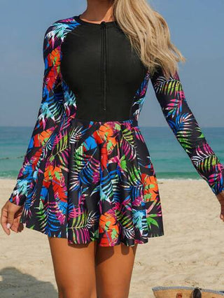 طقم تانكيني حريمي Swim Lushoire بدلة حمام قطعتين مع رقبة نصف عالية وسوستة مطبوعة بطبعات زهرية للنساء