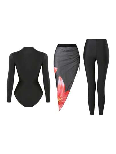 Swim Shayni 3 قطعة / مجموعة ملابس سباحة للنساء، سترة بكم واحد من قطعة واحدة بخصر مطاطي مع بنطلون سباحة طويل وتنورة سباحة مزينة بطبعة زهرية ذات حافة متدلية