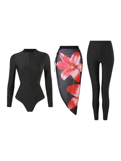 Swim Shayni 3 قطعة / مجموعة ملابس سباحة للنساء، سترة بكم واحد من قطعة واحدة بخصر مطاطي مع بنطلون سباحة طويل وتنورة سباحة مزينة بطبعة زهرية ذات حافة متدلية