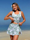 طقم تانكيني حريمي Swim Lushoire مجموعة 3 قطع للنساء بتصميم طبعات النباتات الاستوائية، توب كروب ذو حمالات رفيعة طويل، قطعة سفلية شكل ترايانجل خصر عالي و تنورة سباحة