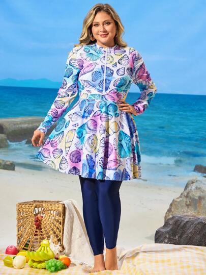 Swim Shayni بدلة سباحة محتشمة للمرأة بحجم كبير من قطعتين مع أكمام طويلة وبنطلون، بطراز إسلامي ، بطباعة رقمية على شكل أصداف بحرية، تصميم سحاب أمامي، للشاطئ والرحلات
