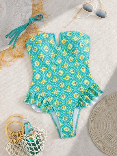 مايوه حريمي قطعة واحدة Swim Vcay قطعة واحدة من الفساتين النسائية الصيفية الجديدة ذات الرقبة على شكل V والظهر مكشوف والتنورة مكسرة بلا أكمام وطباعة عشوائية