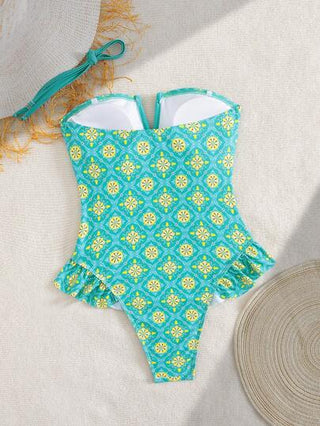 مايوه حريمي قطعة واحدة Swim Vcay قطعة واحدة من الفساتين النسائية الصيفية الجديدة ذات الرقبة على شكل V والظهر مكشوف والتنورة مكسرة بلا أكمام وطباعة عشوائية