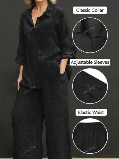 مجموعة مكونة من 2 قطعة: ملابس علوية كارديجان بياقة بولو + بنطلون فضفاض بخصر مطاطي، تصميم عصري وأنيق وشامل مناسب للشاطئ والاستخدام اليومي والذهاب للعمل والتسوق، قماش ناعم ومريح، مناسب للربيع والصيف والخريف