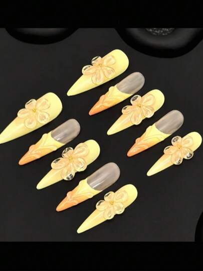 10 قطع من الأزهار الصغيرة الصفراء النقية المصنوعة يدويًا لتزيين الأظافر، بتصميم ثلاثي الأبعاد كبير وأبيض
