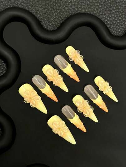 10 قطع من الأزهار الصغيرة الصفراء النقية المصنوعة يدويًا لتزيين الأظافر، بتصميم ثلاثي الأبعاد كبير وأبيض