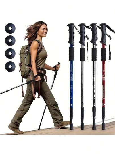 المشي قابل للتعديل من سبيكة الألومنيوم مع مقبض مطاطي مريح - قفل لولبي، عصا المشي الرياضي امتصاص الصدمات، لا تشمل الحجر الجيري، معدات للأنشطة البرية | مقبض إرجونومي | مقبض مزخرف، ملحقات المشي