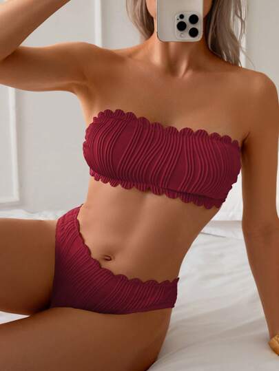 SHEIN Swim 2 قطعة بكيني لموسم الربيع للنساء بلون قوي ومثبت الرقبة وظهر مكشوف، مزين بتطريز صدفي، ملابس سباحة للشاطئ