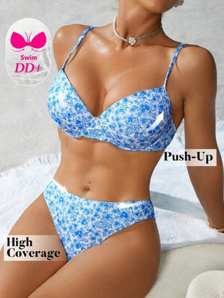 طقم تانكيني حريمي Swim DD+ مجموعة بدلة السباحة التانكيني المكونة من ملابس علوية مبطن مزخرف بطباعة الأزهار وشورت ذو خصر عالٍ للنساء في الصيف