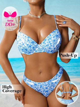 طقم تانكيني حريمي Swim DD+ مجموعة بدلة السباحة التانكيني المكونة من ملابس علوية مبطن مزخرف بطباعة الأزهار وشورت ذو خصر عالٍ للنساء في الصيف