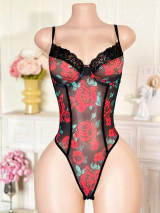 لانجيري حريمي Classic Sexy بادي مثير مصنوع من التول الشفاف مطرز بزهور الورد، تطعيمات من الدانتيل مع فتحة في مؤخرة البدلة للنساء